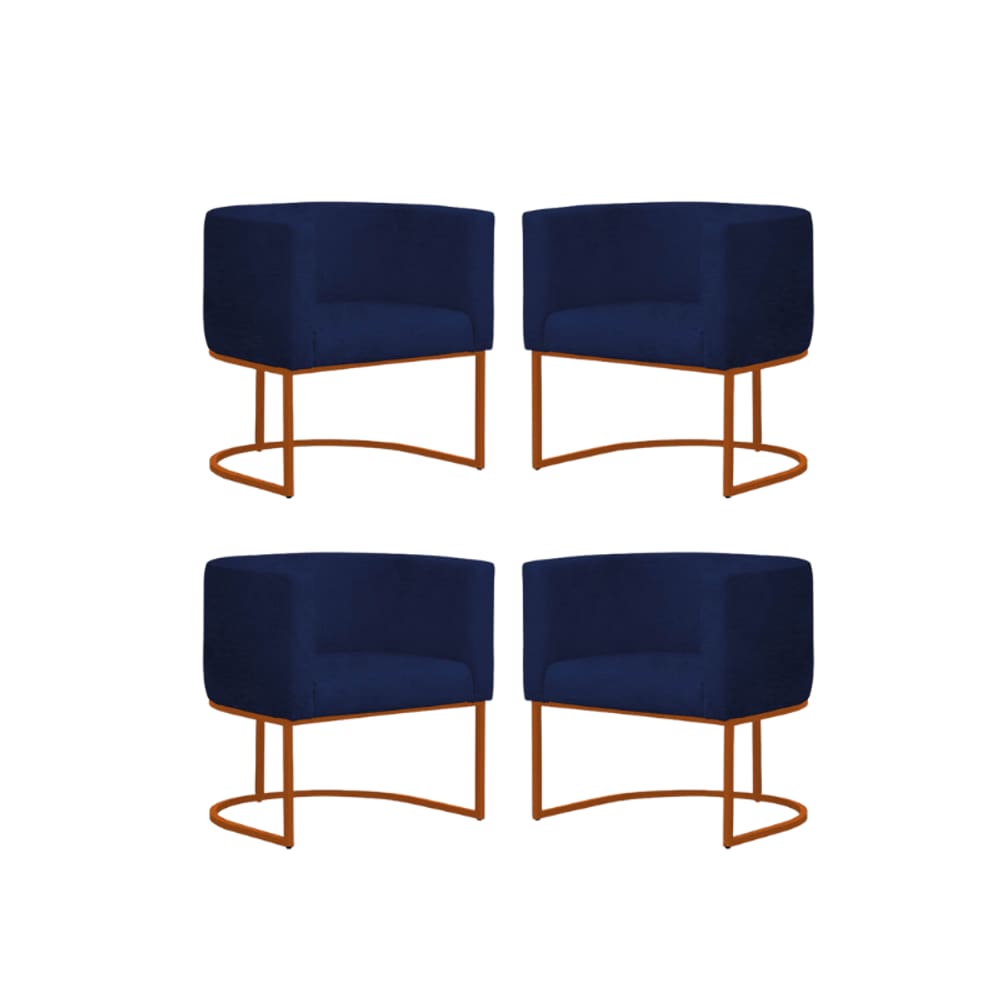 Kit 4 Poltronas Reforçada Decorativa Sala Gabriela Base Ferro Bronze Suede Azul Marinho