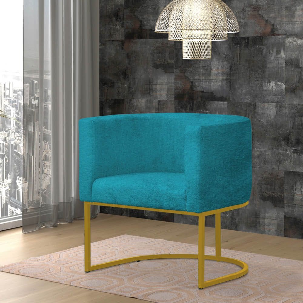 Poltrona Reforçada Decorativa Sala Gabriela Base Ferro Dourada Suede Azul Tifany