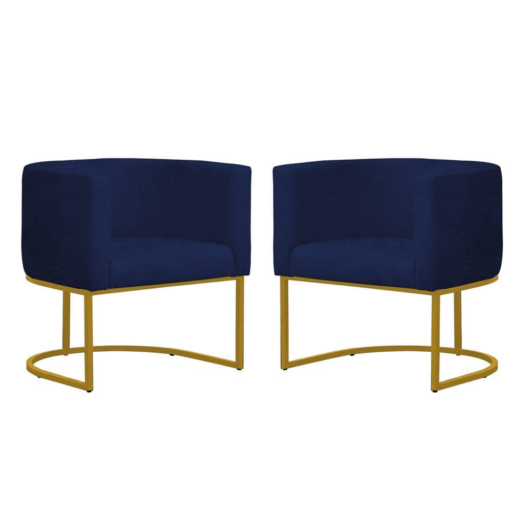 Kit 2 Poltronas Reforçada Decorativa Sala Gabriela Base Ferro Dourada Suede Azul Marinho