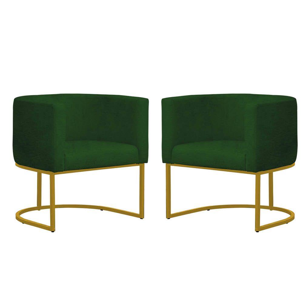 Kit 2 Poltronas Reforçada Decorativa Sala Gabriela Base Ferro Dourada Suede Verde