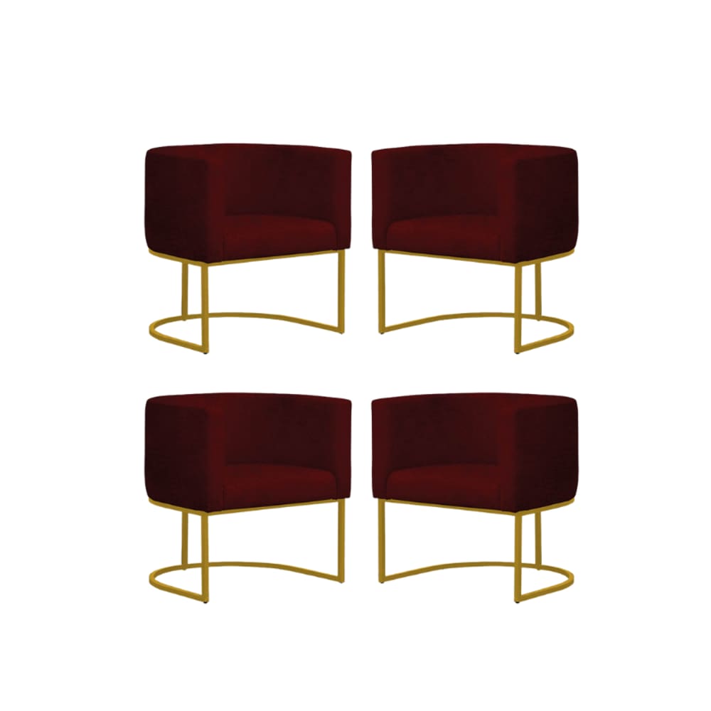 Kit 4 Poltronas Reforçada Decorativa Sala Gabriela Base Ferro Dourada Suede Marsala