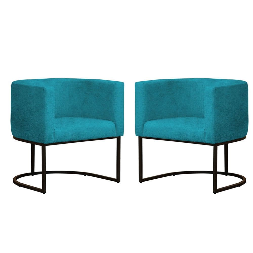 Kit 2 Poltronas Reforçada Decorativa Sala Gabriela Base Ferro Preta Suede Azul Tifany