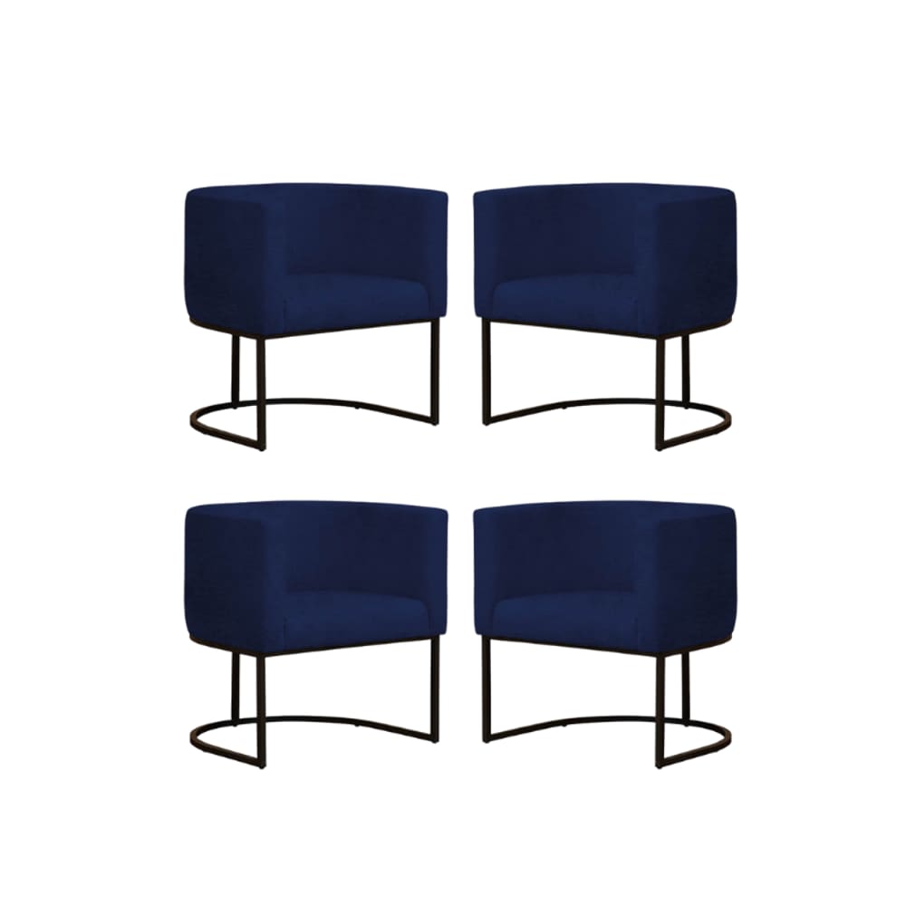 Kit 4 Poltronas Reforçada Decorativa Sala Gabriela Base Ferro Preta Suede Azul Marinho