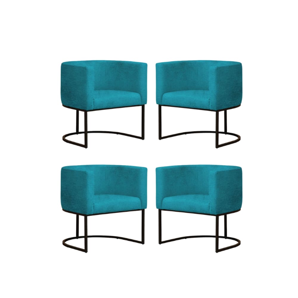 Kit 4 Poltronas Reforçada Decorativa Sala Gabriela Base Ferro Preta Suede Azul Tifany