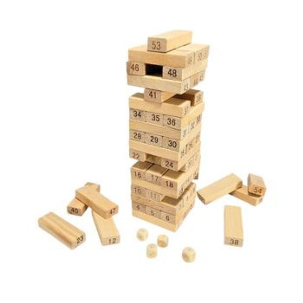 Jogo Torre Divertida 54 Pecas DM Toys Blocos de Madeira para Empilhar Brinquedo Recreativo com Dados