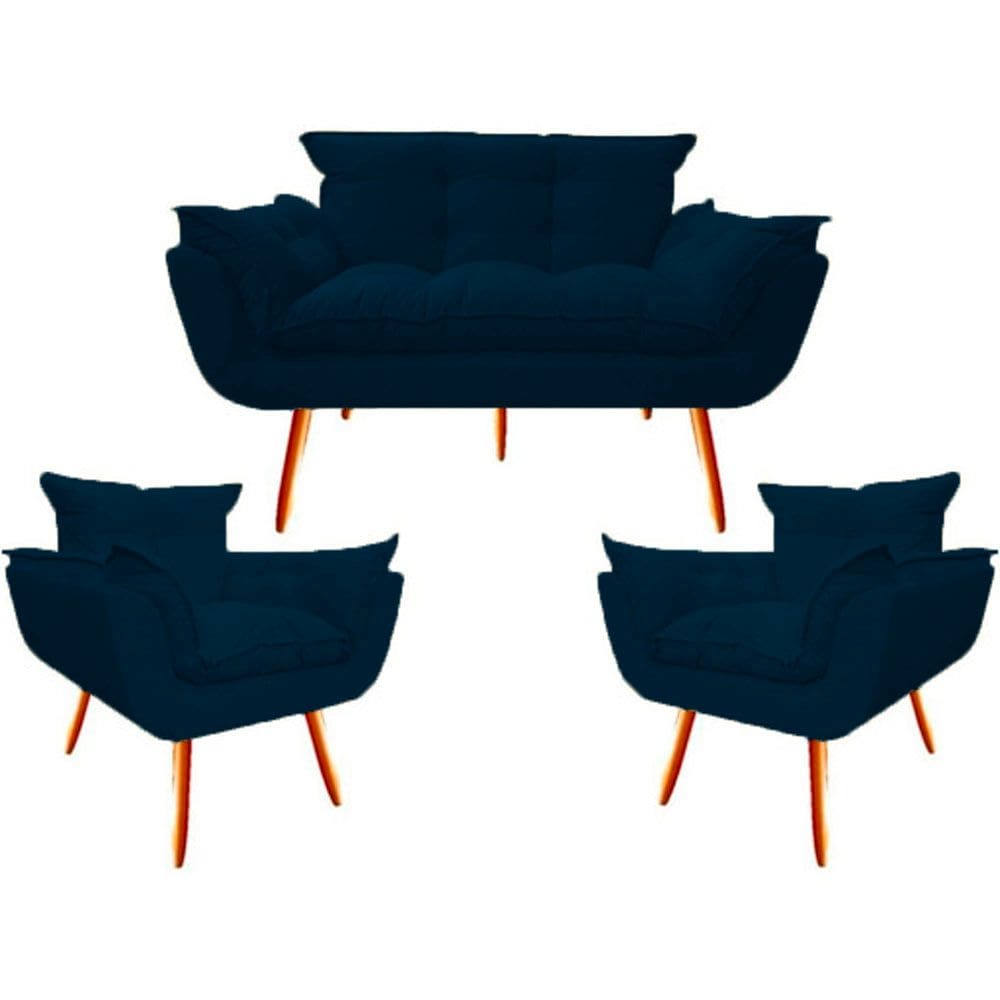 Namoradeira + 2 Poltronas Opalla Decorativa Reforçada Recepção Sala De Estar Suede Azul Marinho