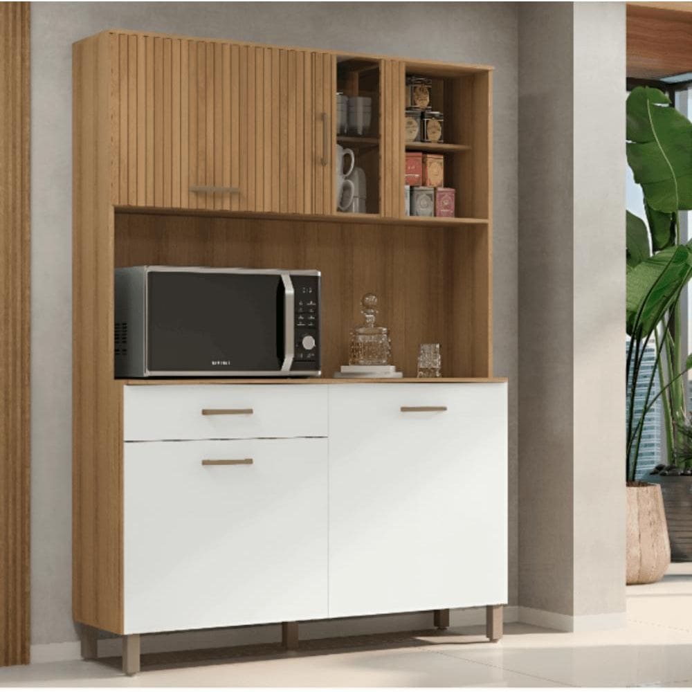 Kit Cozinha Toscana Completa com Armários Estantes e Nichos para Utensílios e Eletrodomésticos Branco Ripado