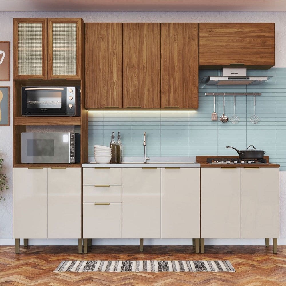 Armário de Cozinha Heloisa com Balcão para Pia e Cooktop 12 Portas 3 Gavetas Wengue/Cristalo - Pnr Móveis