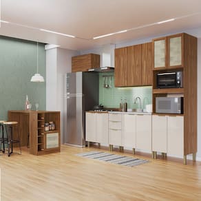 Armário de Cozinha Heloisa com Balcão para Pia e Cooktop com Bancada 13 Portas 3 Gavetas Wengue/Cristalo - Pnr Móveis
