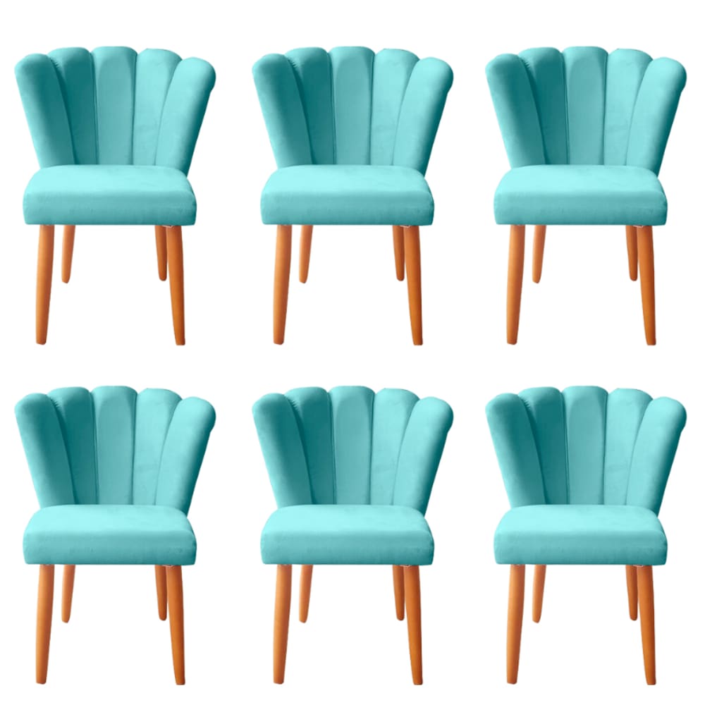 Kit 6 Cadeiras Poltrona Sala de Jantar Penteadeira Reforçada Decorativa Pétala Suede Azul Tifany