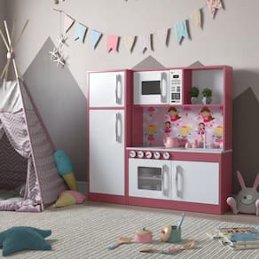 Cozinha Infantil Completa c/ Microondas Forno Fogão e Refrigerador Helena Branco e Rosa