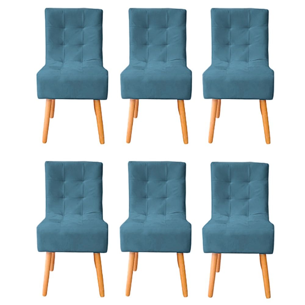 Kit 6 Cadeiras Poltrona Sala de Jantar Penteadeira Reforçada Decorativa Liz Suede Azul Tifany
