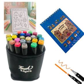 Canetinhas 24 Cores Livro Colorir Capivara Fofa 50 Folhas Capa Dura Estojo Desenho Divertido Pintura Hobbie Relaxante