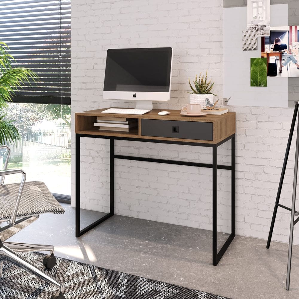 Mesa Home Office com 1 Gaveta 91x78 cm OF004 Grafite Marrom
