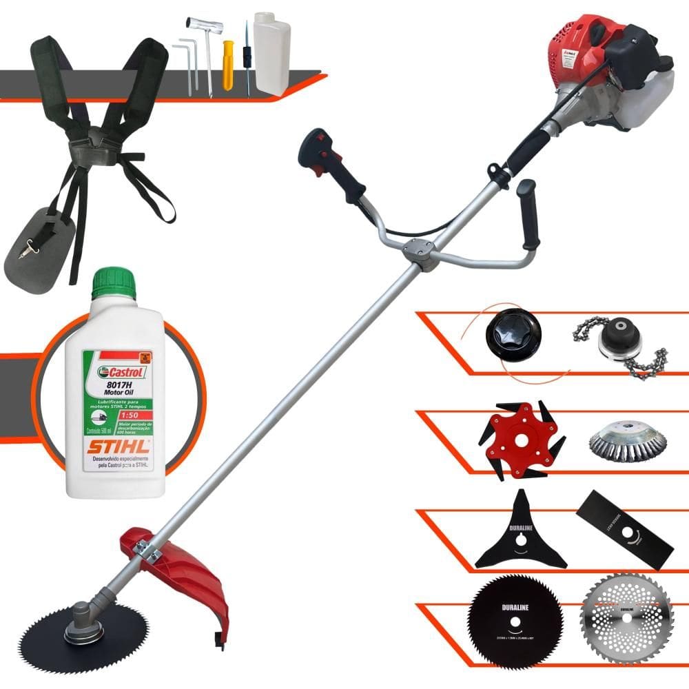 Aparador de Grama Anmax CG430P 43cc 2T 2HP C/ Carretel + Facas 2 Pontas, 3 Pontas, 6 Pontas, 40 Dentes, 80 Dentes, Trimmer, Escova de Aço + ÓLEO STIHL