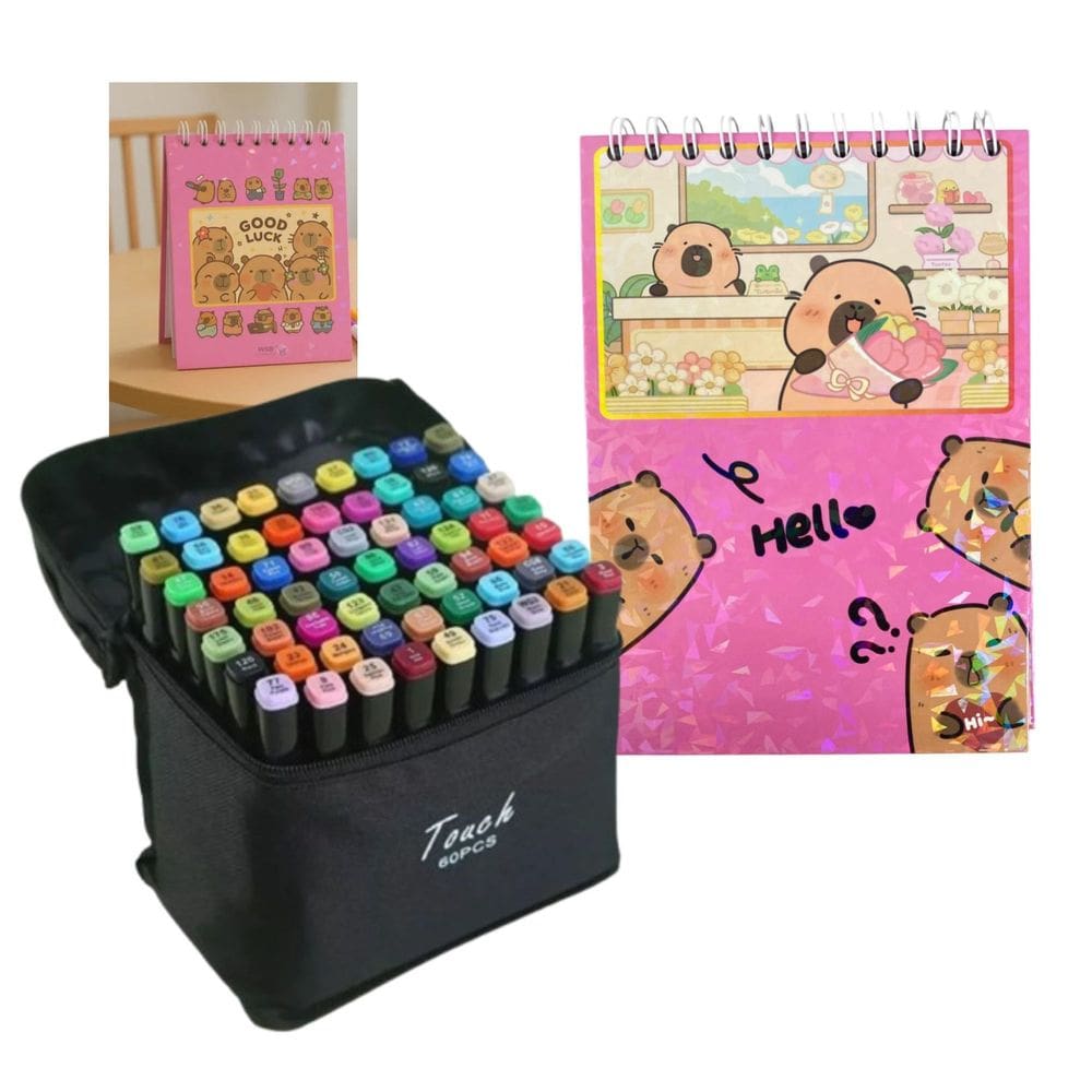 Canetinhas 60 Cores Livro Pintar Capivara Feliz 50 Folhas Estojo Canetas Divertido Pintura Hobbie Lazer