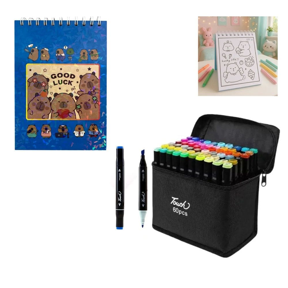 Canetinhas 60 Cores Com Livro Pintar Capivara Fofa Feliz 50 Folhas Desenho Divertido Pintura Estojo Canetas Permanente Pintura Hobbie Lazer