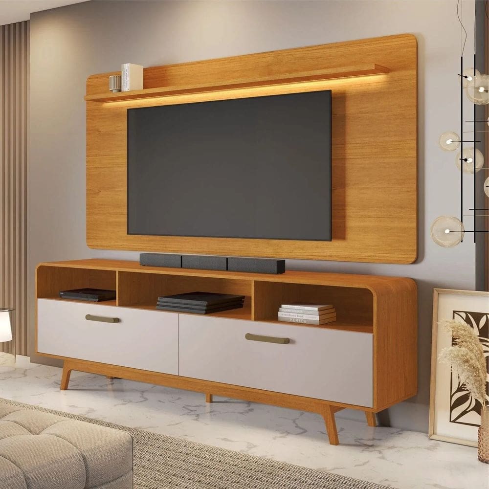 Rack Com Painel Cristal para Tv até 70” - Cinamomo/Off White - JCM Movelaria