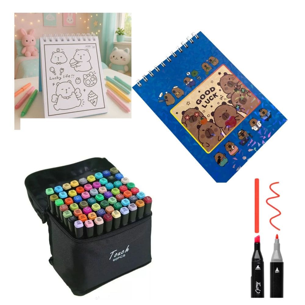 Canetinhas 60 Cores Livro De Pintar Capivara Fofa Divertida 50 Paginas Desenho Pintura Hobbie Estojo Caderno Colorir