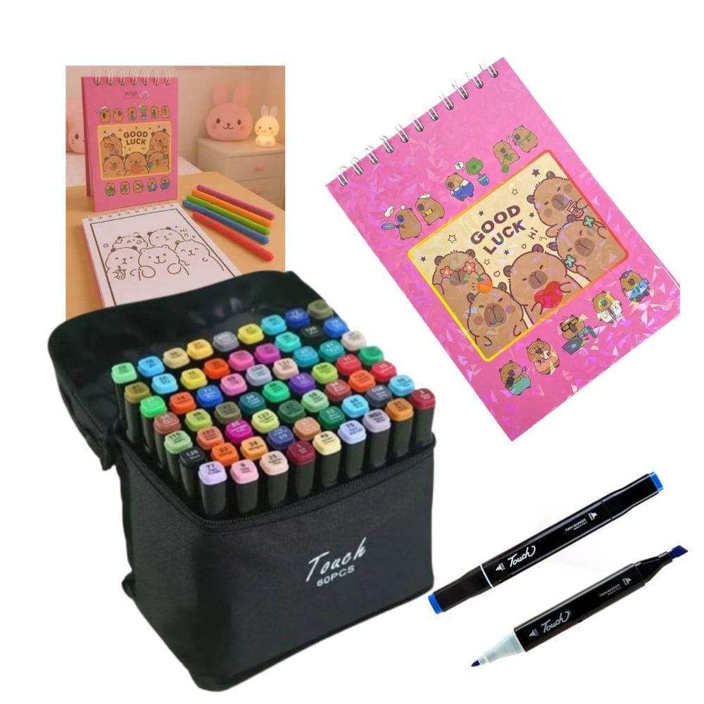 Canetinhas 60 Cores Livro Pintar Capivara Fofa 50 Paginas Colorir Estojo Desenho Divertido Pintura Hobbie Lazer