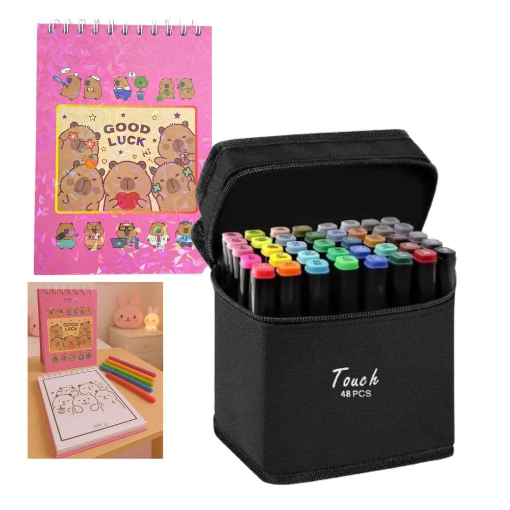 Canetinhas 48 Cores Livro Pintar Colorir Capivara Fofa 50 Paginas Divertido Estojo Caneta