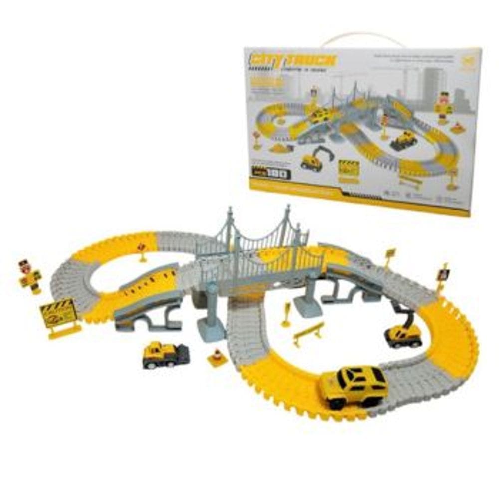 Pista Cidade Construcao Dony Toys 180 Pecas com Carrinho a Pilha e Acessorios Brinquedo Recreativo
