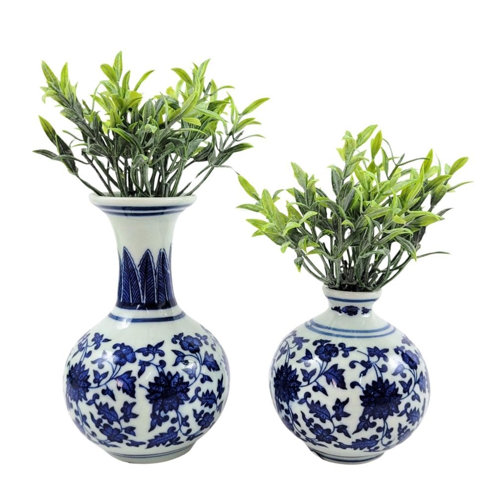 Kit 2 Mini Vasos Porcelana Floral Azul E Branco Pick Verde