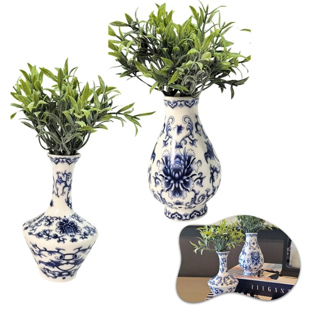 Kit 2 Mini Vaso Azul E Branco De Porcelana Com Planta