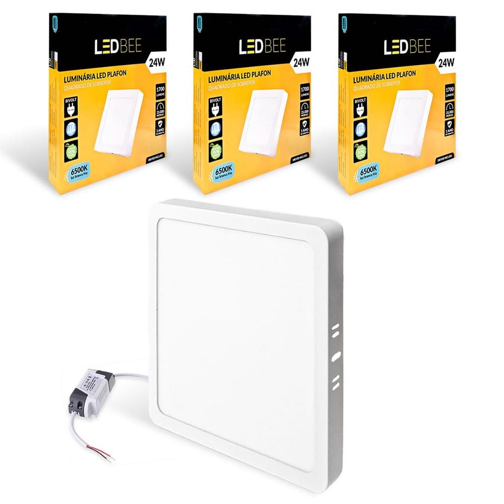 3x Painel Plafon Led Sobrepor Quadrado 24w Branco Frio 6500k