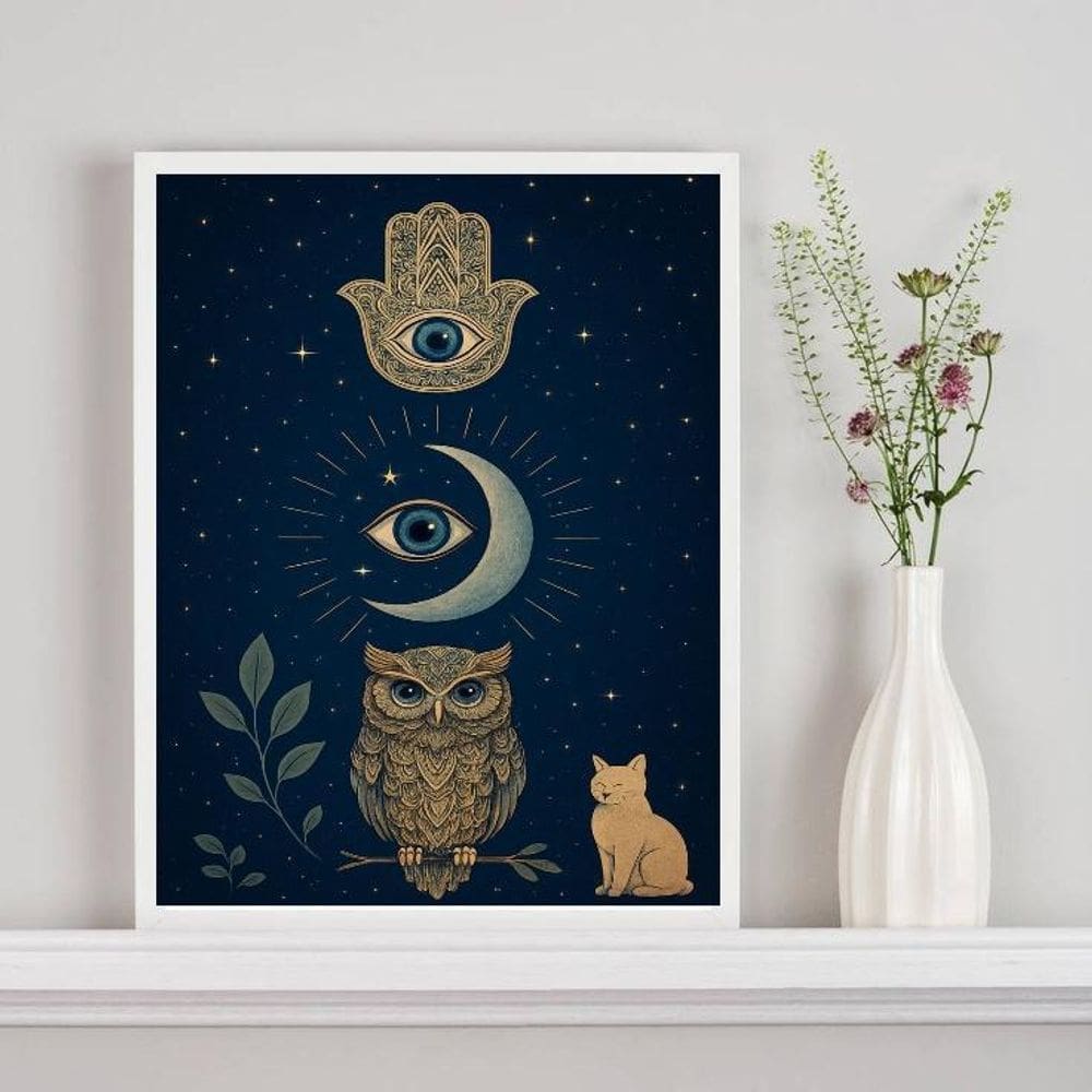 Quadro Mistico Hamsa Lua Coruja Gato 33X24Cm - Com Vidro