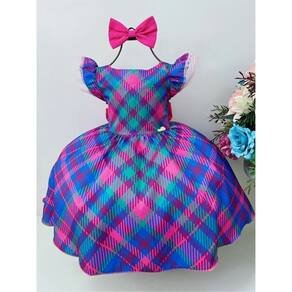 Vestido Infantil Azul Royal Colorido Xadrez C/ Laço Luxo 1 ao 12