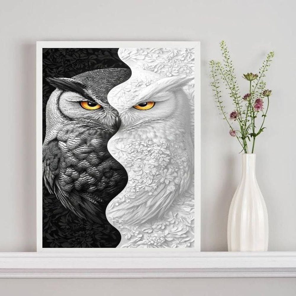 Quadro Decorativo Coruja Branco Preto - Metades 33X24Cm