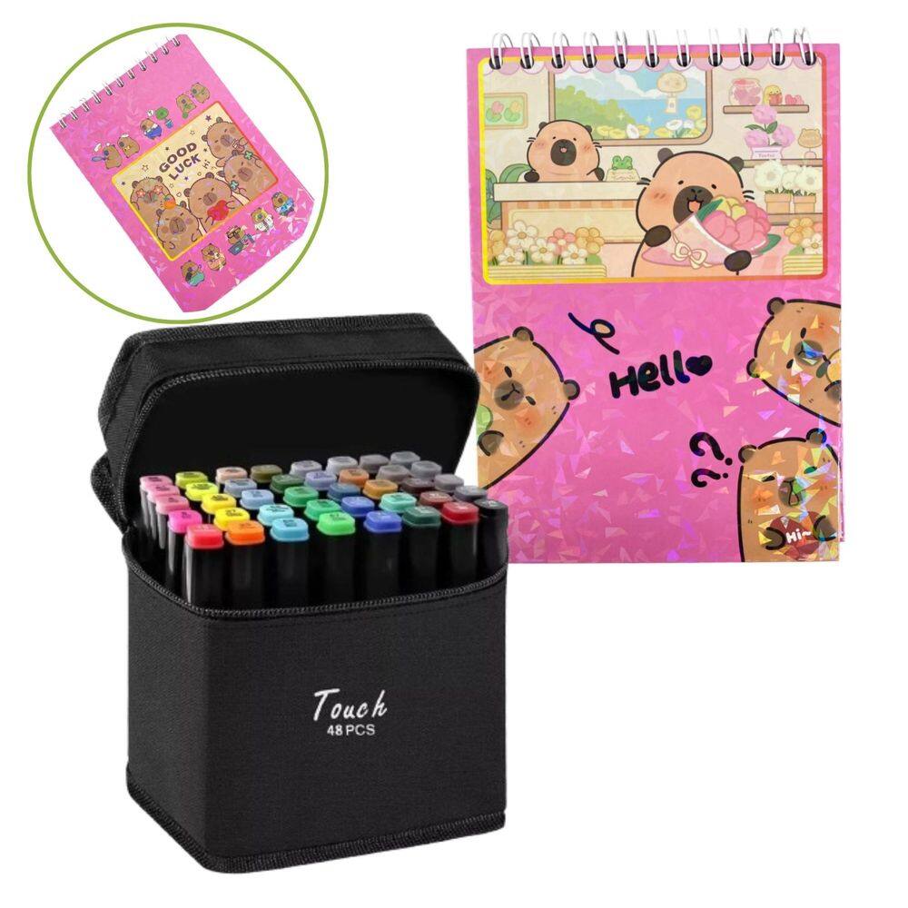 Canetinhas 48 Cores Livro Pintar Capivara Fofa 50 Folhas Desenho Divertido Estojo Pintura Hobbie Lazer
