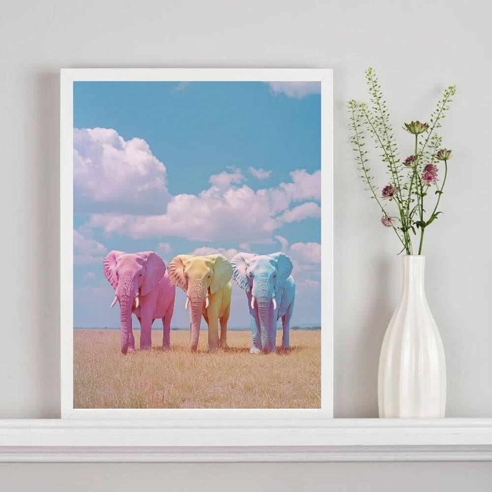Quadro Decorativo Elefantes Coloridos Candy Colors 33X24Cm