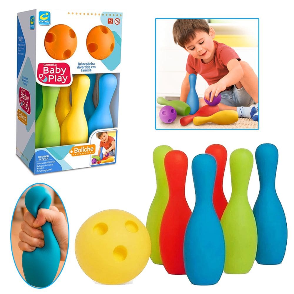 Boliche Infantil Vinil Macio 6 Pinos 2 Bolas Brinquedo Caixa