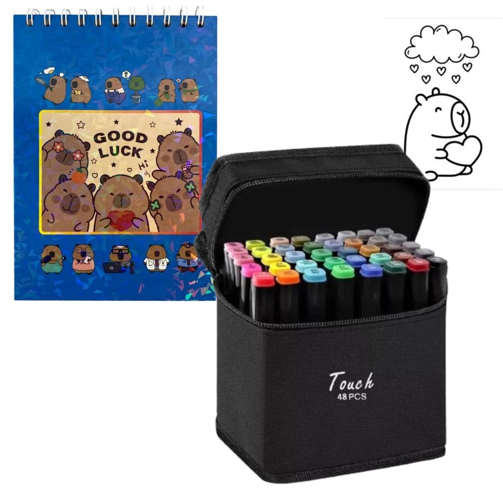 Canetinhas 48 Cores Livro Pintar Capivara 50 Paginas Desenhjo Colorir Divertido Pintura Hobbie Lazer Estojo Caderno Capa Dura