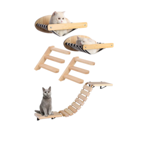 Conjunto com 2 camas para gato + 2 escadas + 1 ponte em madeira natural