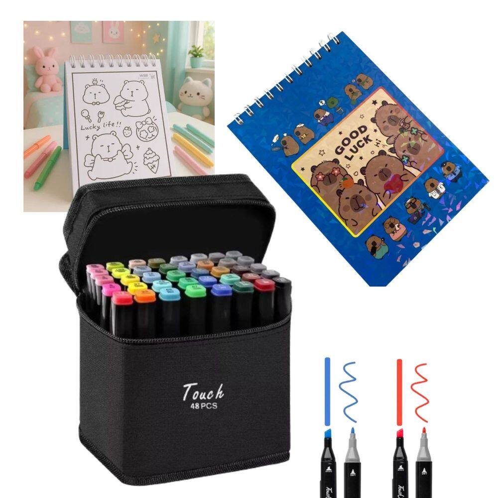 Canetinhas 48 Cores Livro Colorir Capivara Fofa 50 Paginas Caderno capa Dura Estojo Pintura Hobbie Lazer