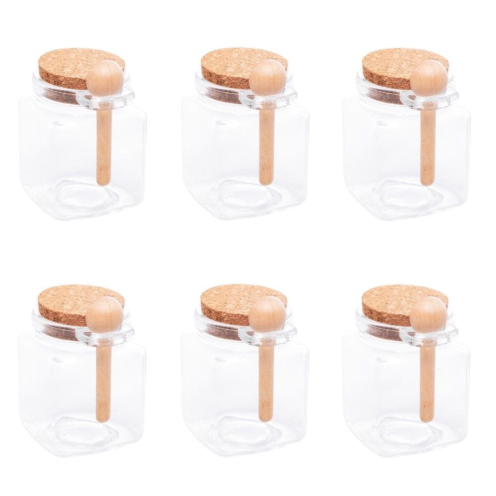 Kit 6 Porta Temperos Quadrado 310 ml Vidro com Colher de Bambu e Tampa Rolha Lyor