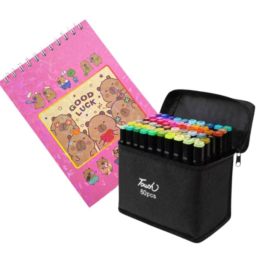 Canetinhas 80 Cores Livro Pintar Capivara Fofa Divertida 50 Folhas Estojo Caderno Colorir