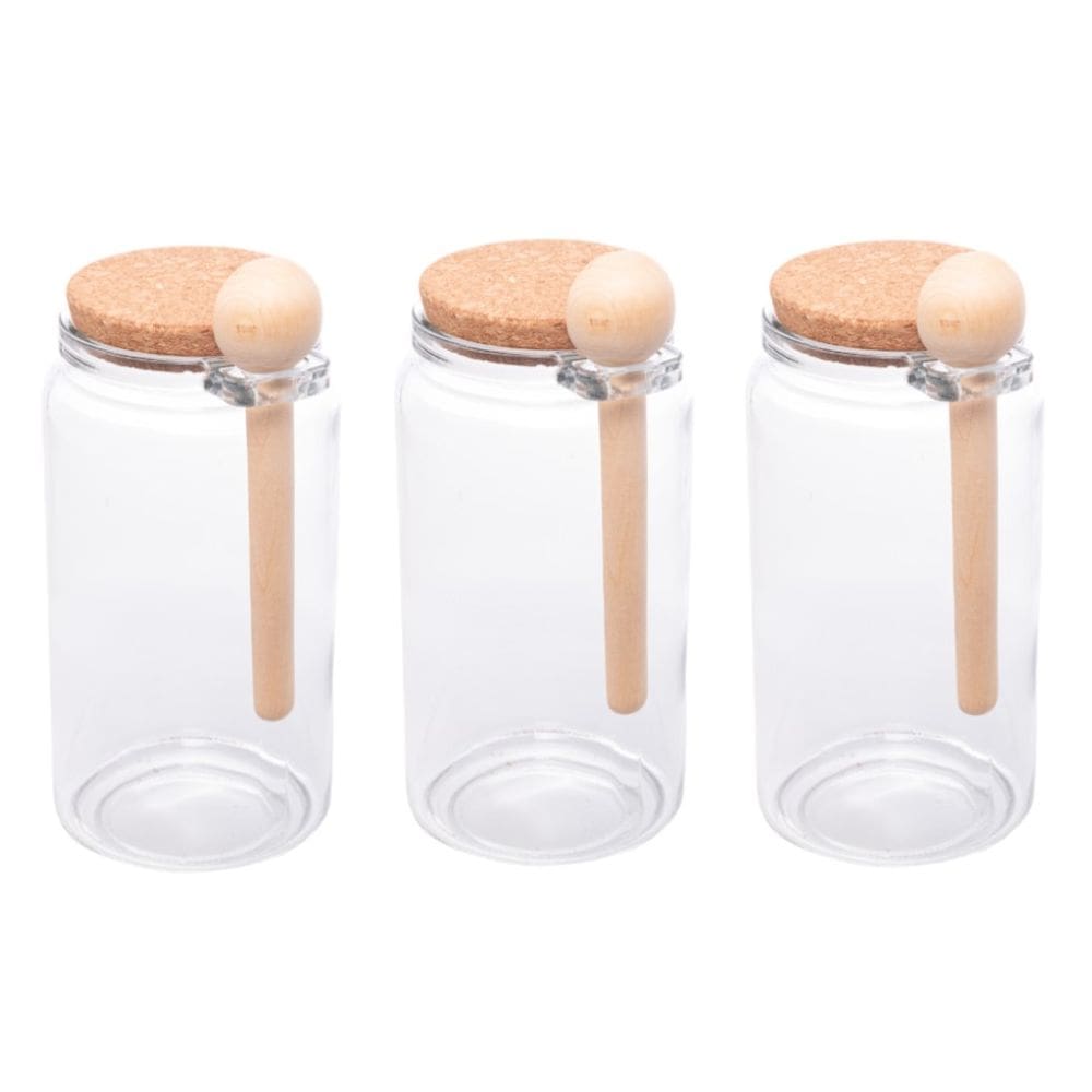 Kit 3 Porta Temperos Redondo 1 L Vidro com Colher de Bambu e Tampa Rolha Lyor