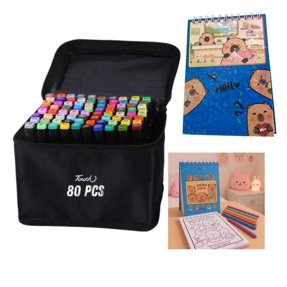 Canetinhas 80 Cores Livro Colorir Pintar Capivara Fofa 50 Paginas Desenho Divertido Relaxante Pintura Hobbie Lazer