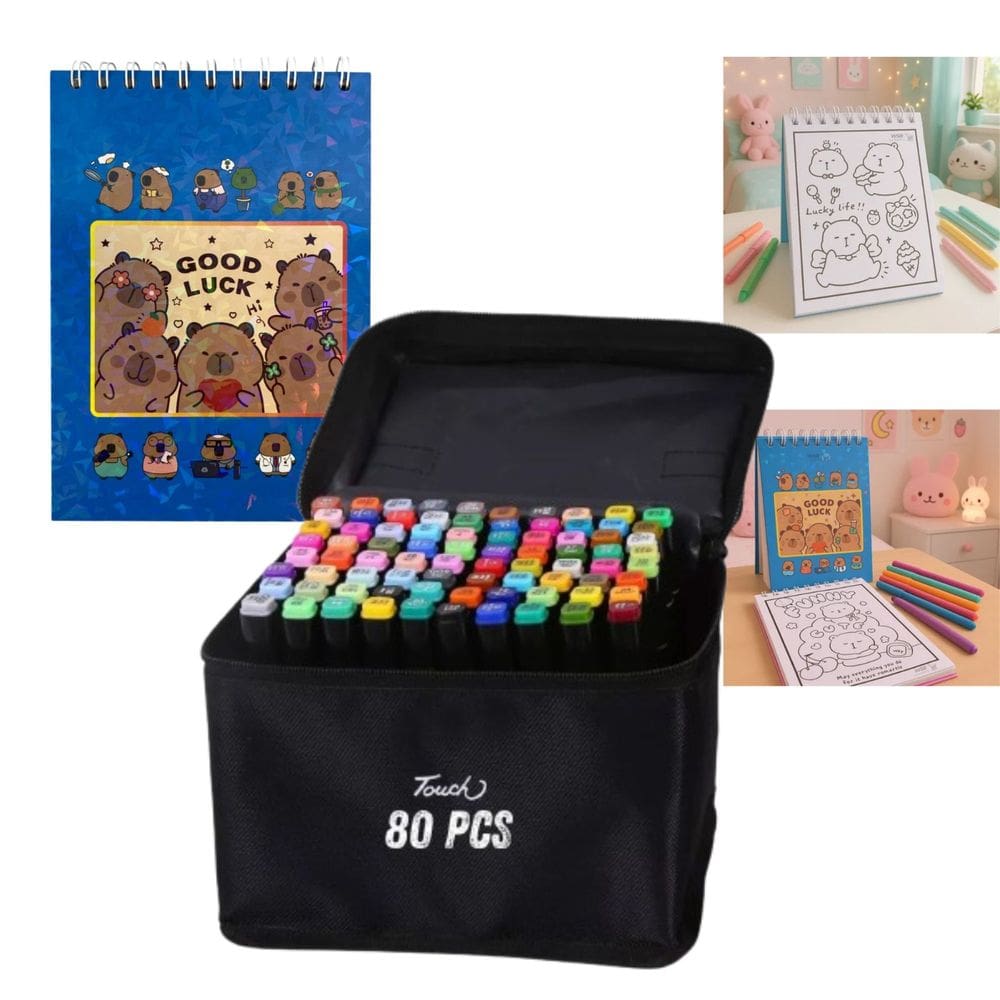 Canetinhas 80 Cores Livro Pintar Colorir Capivara Fofa 50 Paginas Desenho Divertido