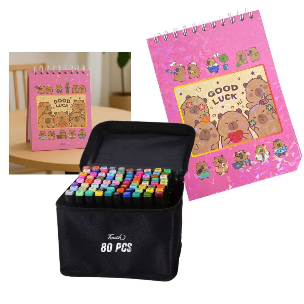 Canetinhas 80 Cores Livro Pintar Desenho Capivara Fofa Feliz 50 Folhas Estojo Livrinho Divertido Relaxante Hobbie Lazer