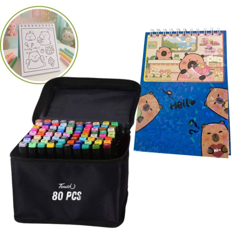 Canetinhas 80 Cores Livro Colorir Capivara Fofa Feliz 50 Folhas Divertida Estojo Pintura Hobbie Lazer Relaxante