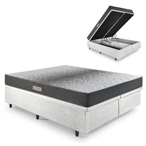 Cama Baú King 193x203 Courino Linho Branco com Dual Firm Espuma Ecoflex