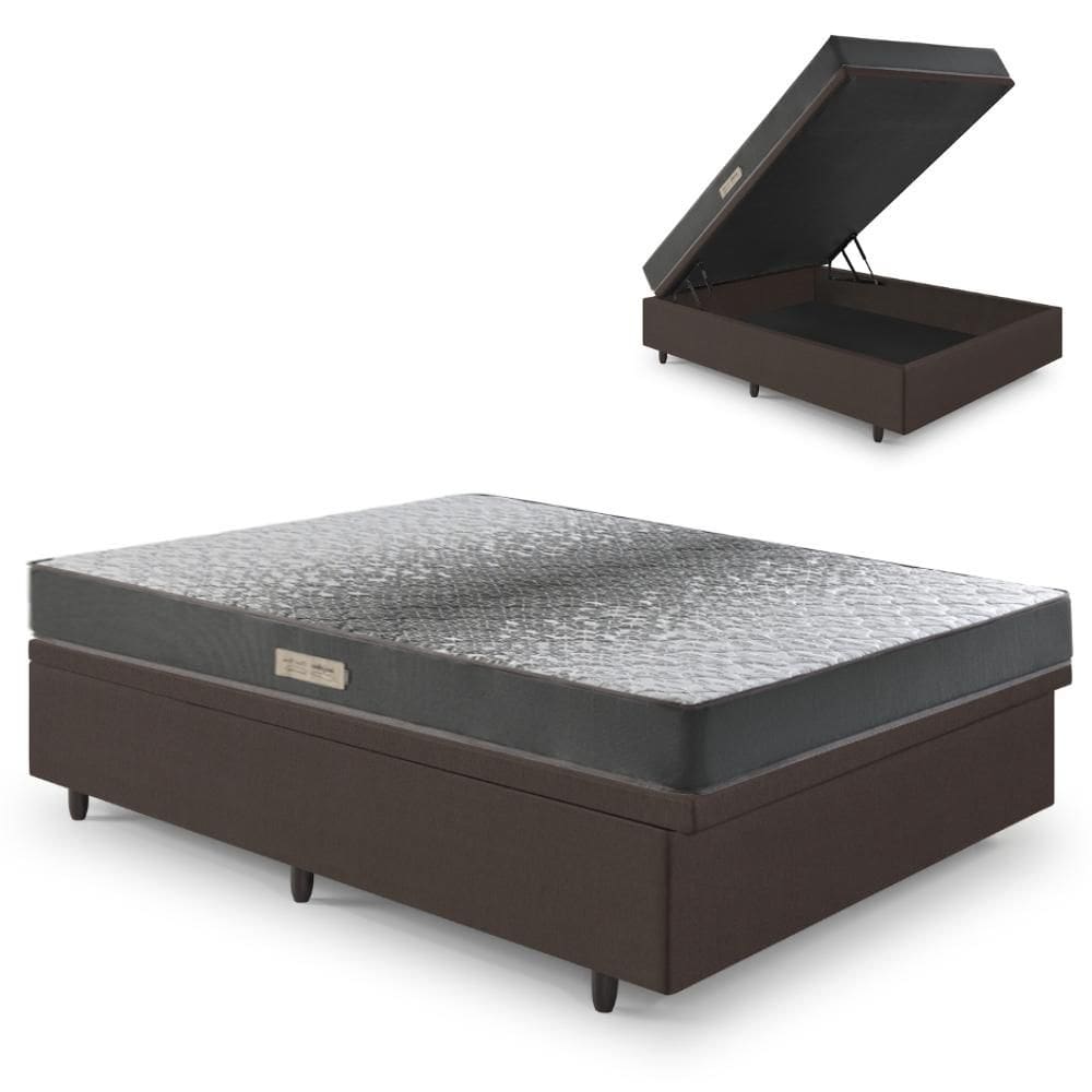 Cama Baú Casal 138x188 Courino Linho Marrom com Dual Firm Espuma Ecoflex