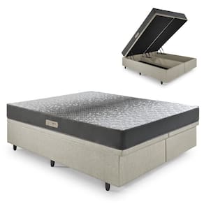 Cama Baú King 193x203 Courino Linho Areia com Dual Firm Espuma Ecoflex