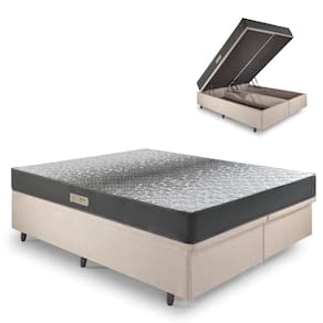 Cama Baú King 193x203 Linho Bege com Dual Firm Espuma Ecoflex