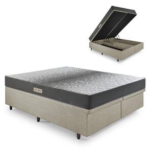 Cama Baú King 193x203 Courino Linho Bege com Dual Firm Espuma Ecoflex